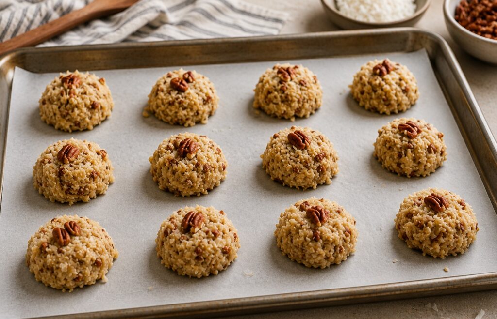 coconut pecan cookies baking on a tray before going into the oven