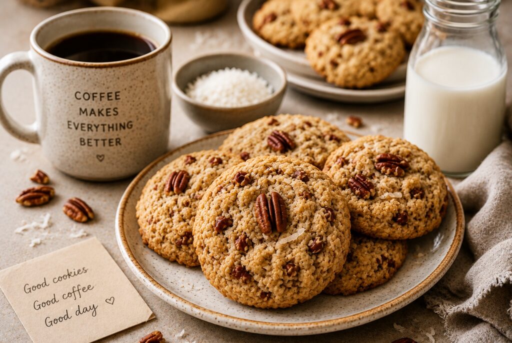 coconut pecan cookies served with coffee and milk in a cozy setup