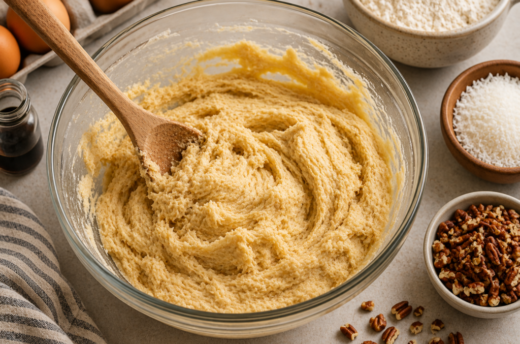 mixing dough for coconut pecan cookie recipe in a glass bowl