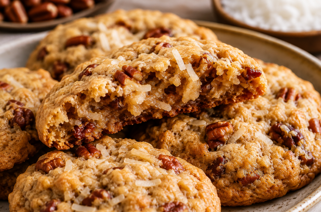 soft chewy coconut pecan cookies close up with gooey center