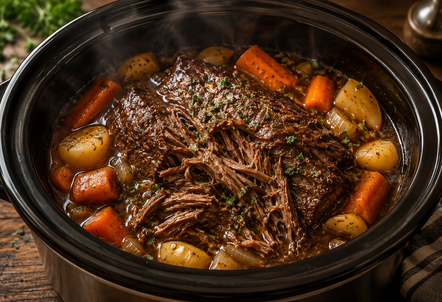 Tender chuck slow cook roast with carrots and potatoes in a slow cooker