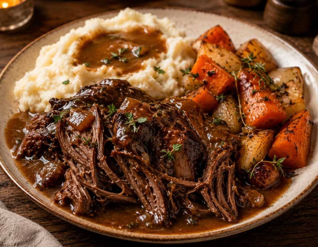 Chuck roast served with mashed potatoes and roasted vegetables