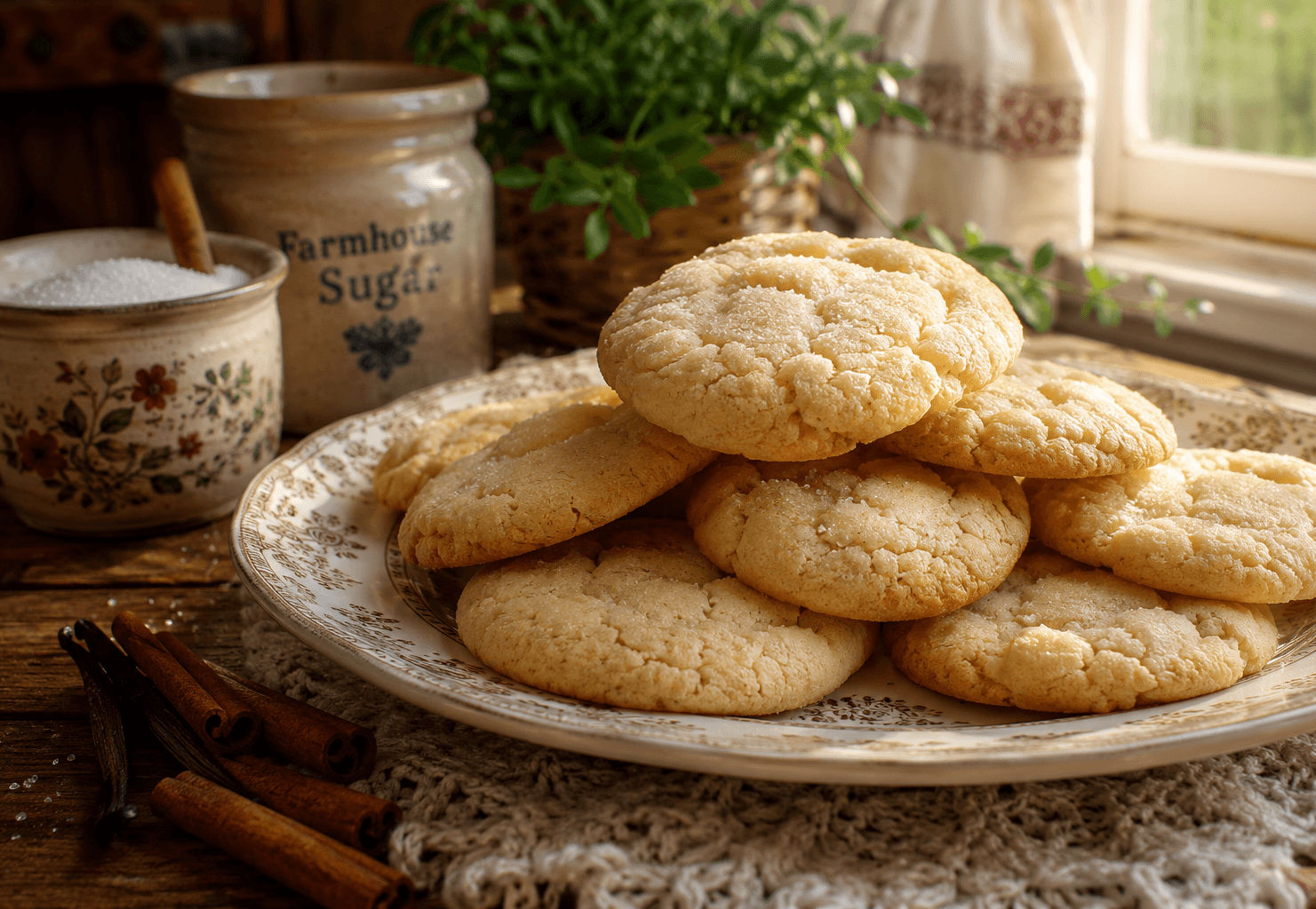 Soft and chewy Amish sugar cookies on a rustic wooden table