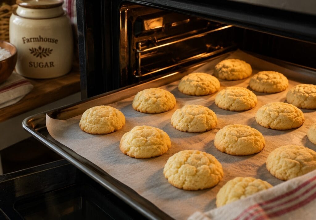 Amish sugar cookies baking on a tray
