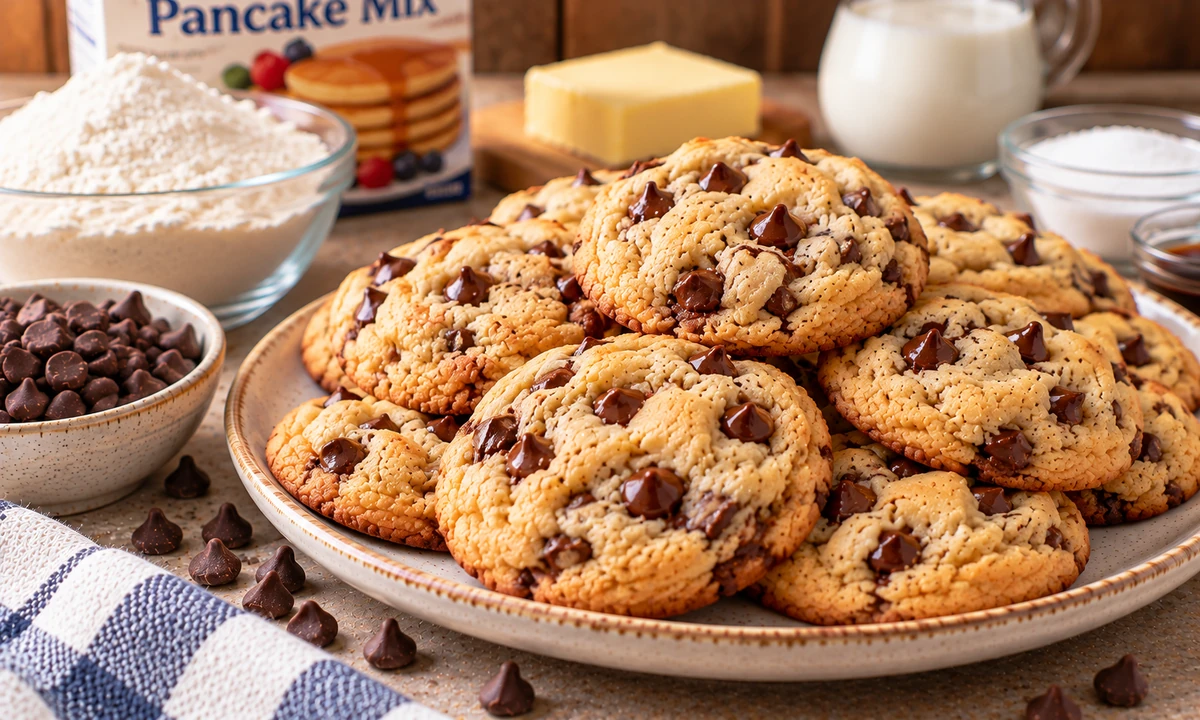 Pancake mix cookies with chocolate chips and golden edges