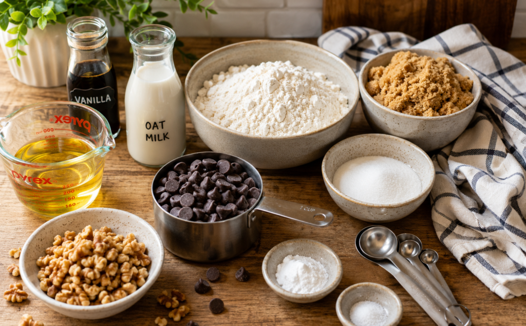 Ingredients for a dairy free cookie recipe arranged on a kitchen table
