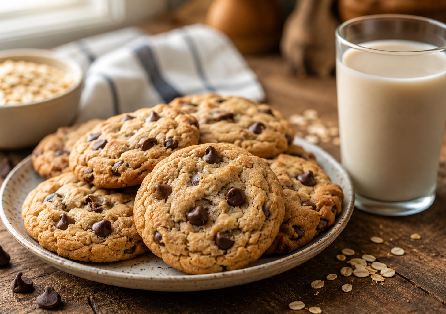 Soft dairy free chocolate chip cookies served with oat milk