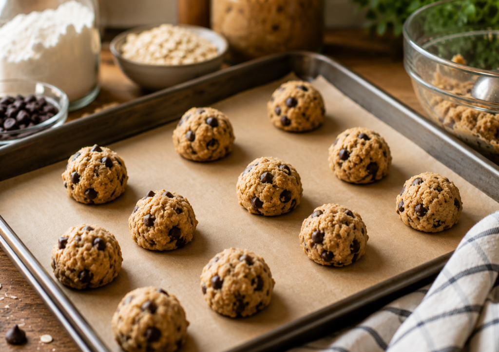 Cookie dough for a no milk cookie recipe on a baking tray