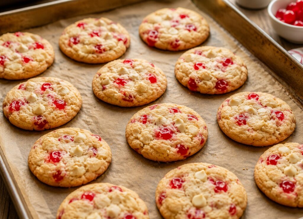 fresh baked cherry chip cookies on tray