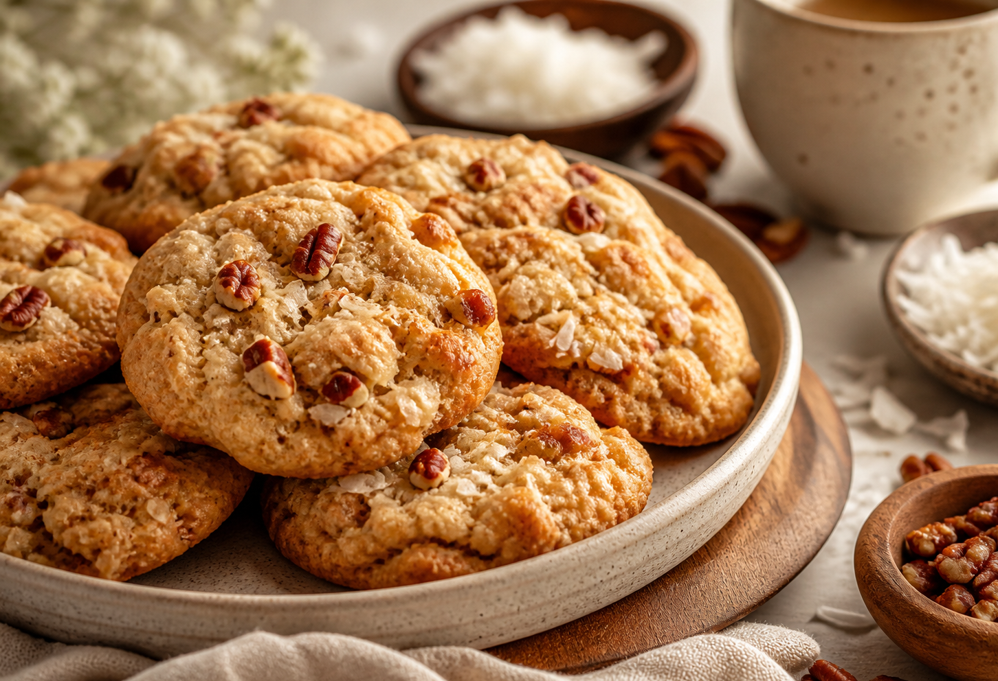 homemade coconut pecan cookie recipe with chewy cookies and toasted pecans on a rustic plate