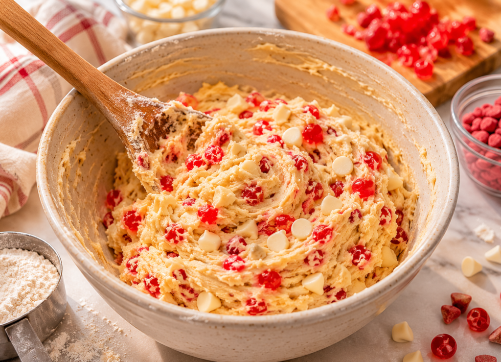 mixing dough for cherry chip cookies