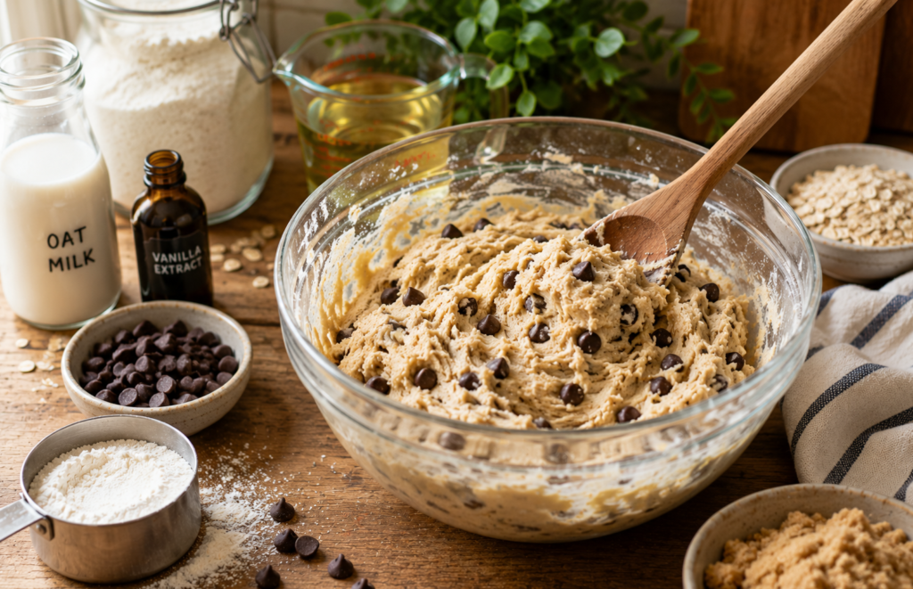 Homemade cookie dough being mixed in a glass bowl