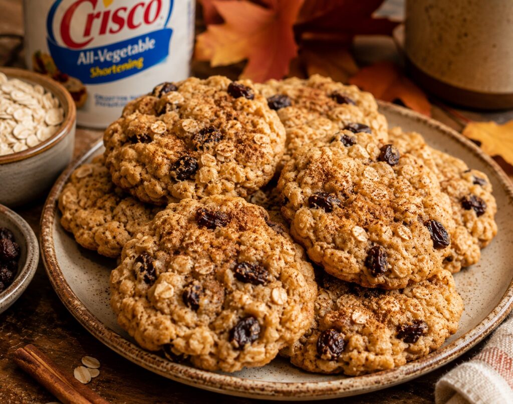 Soft oatmeal raisin cookies made with Crisco