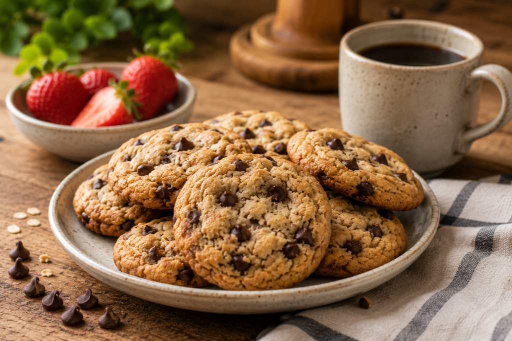 Fresh homemade chocolate chip cookies served with coffee Fresh homemade chocolate chip cookies served with coffee