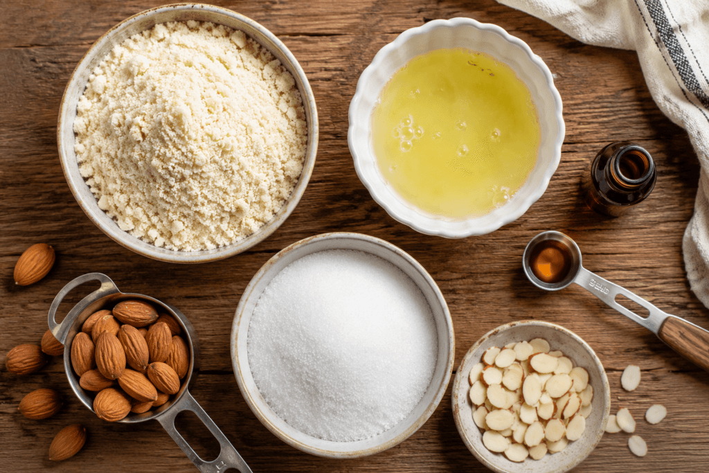 Ingredients for almond macaroon cookie recipe including almond flour and egg whites
