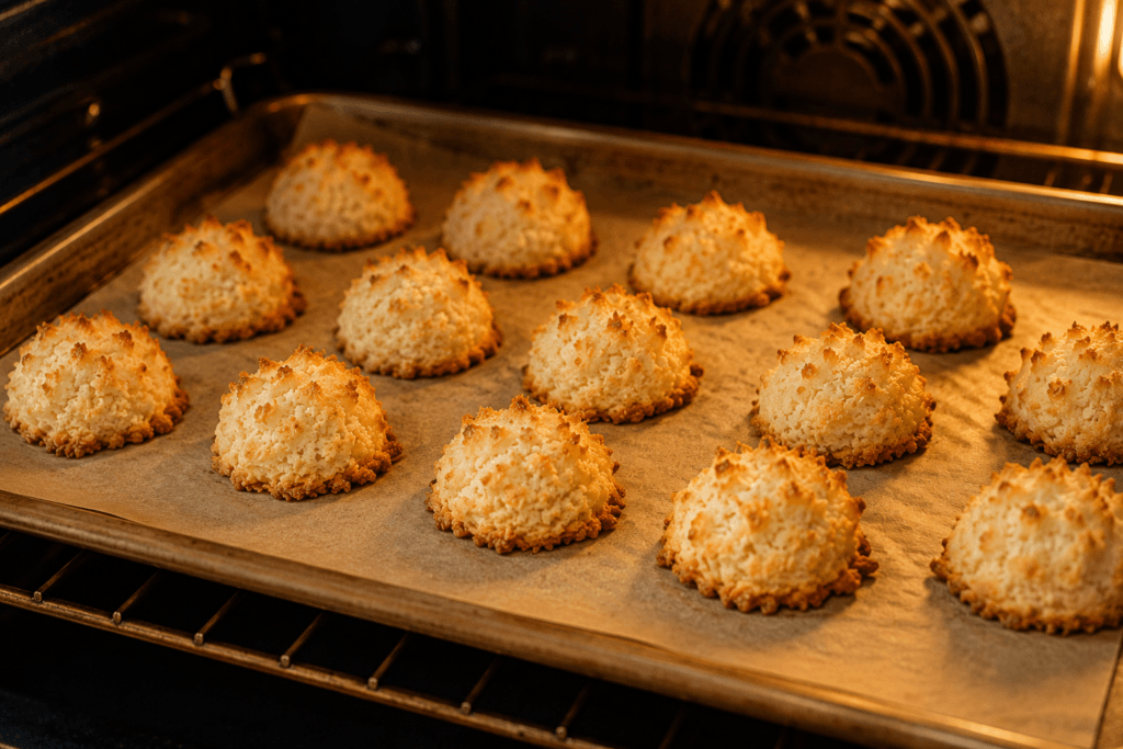 Almond macaroons baking until golden brown