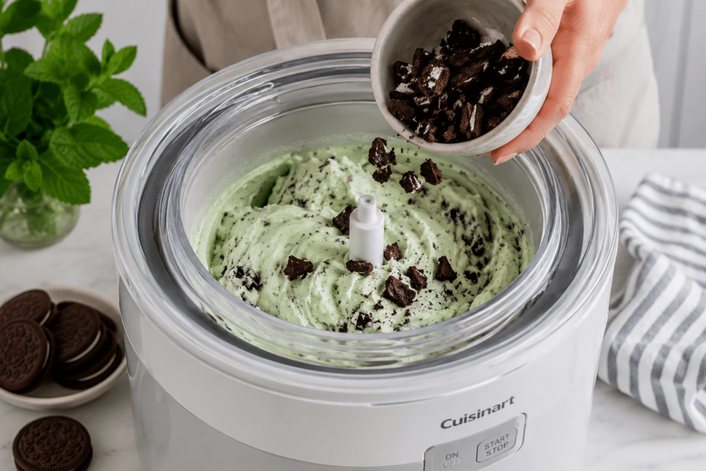 Chocolate mint cookie recipe ice cream churning in an ice cream maker