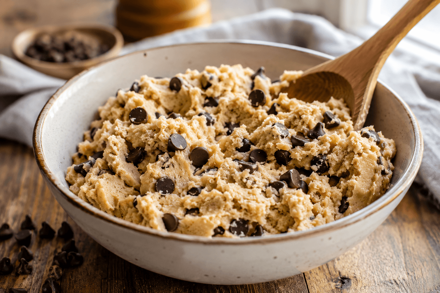 Cookie dough recipe vegan served in a ceramic bowl with chocolate chips
