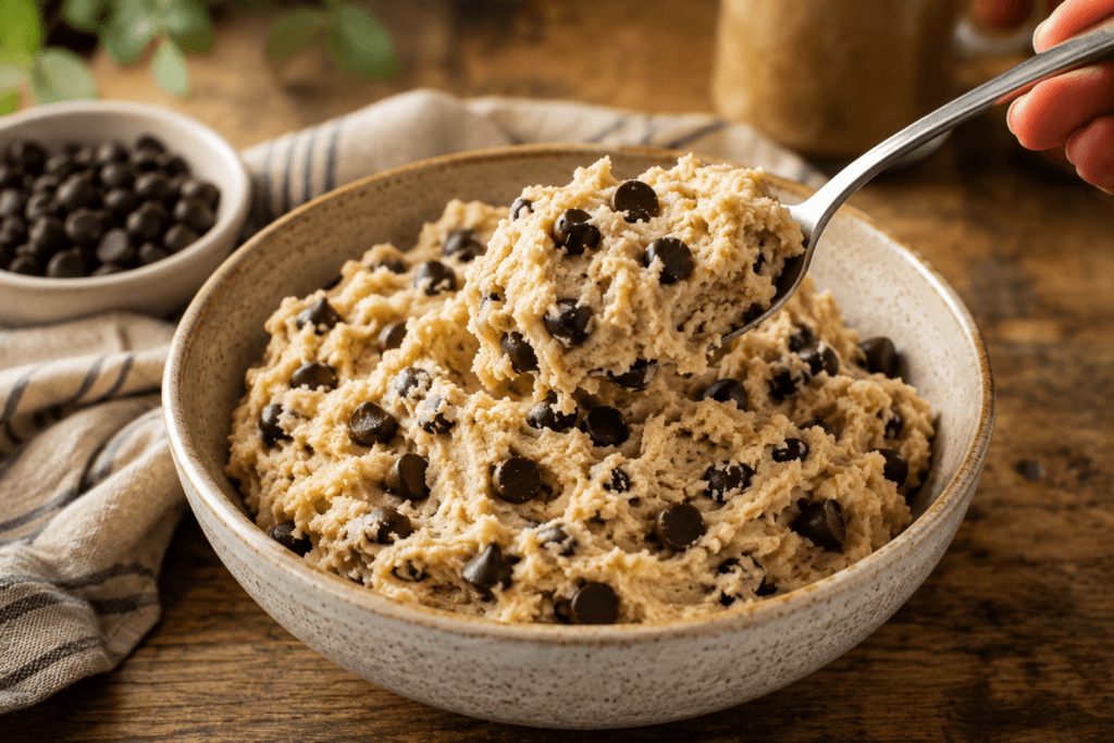 Fresh homemade cookie dough topped with chocolate chips in a serving bowl