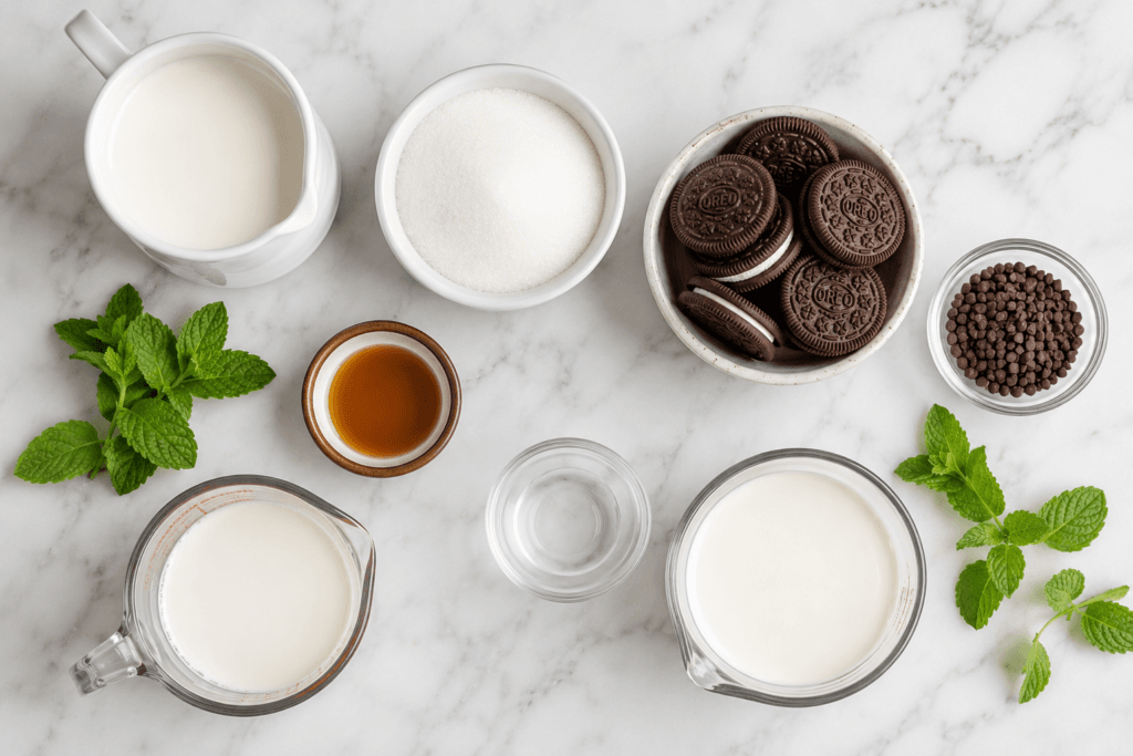 Ingredients used to make chocolate mint cookie recipe ice cream at home