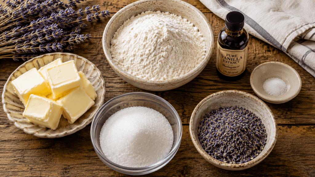 Ingredients for lavender shortbread cookies including butter, flour, sugar, vanilla extract, and culinary lavender