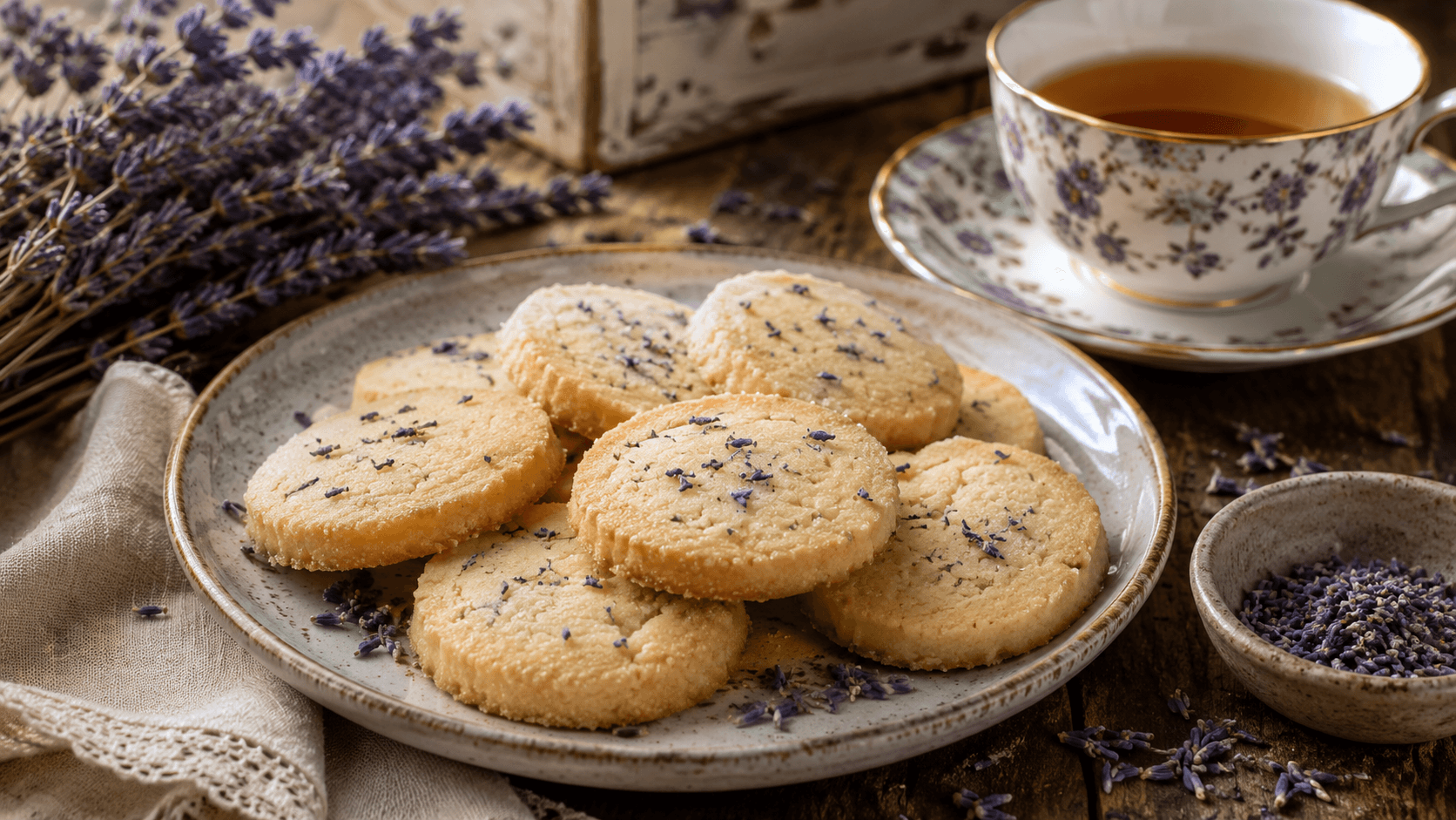 Lavender shortbread cookie recipe served on a rustic plate with dried culinary lavender and tea
