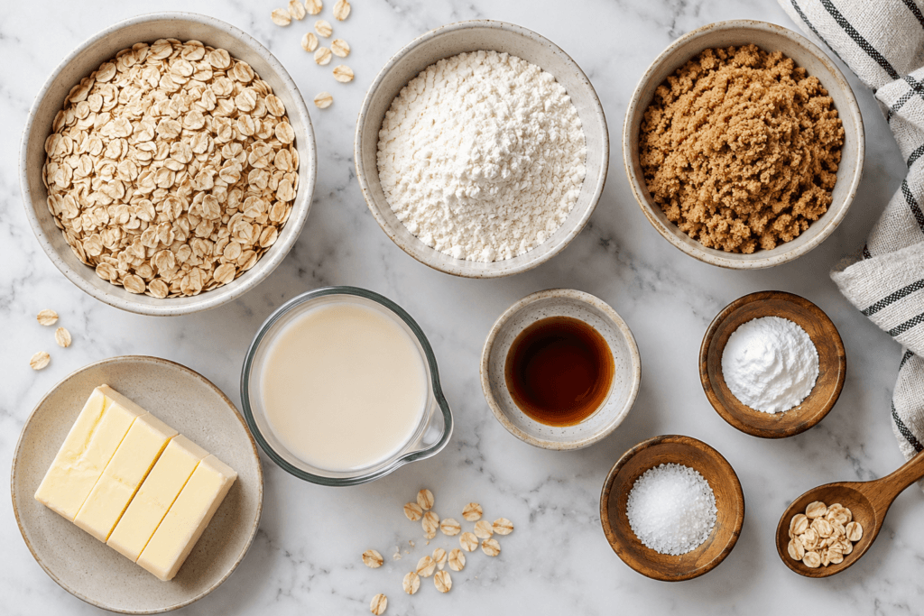 Baking ingredients arranged for homemade oatmeal cookies