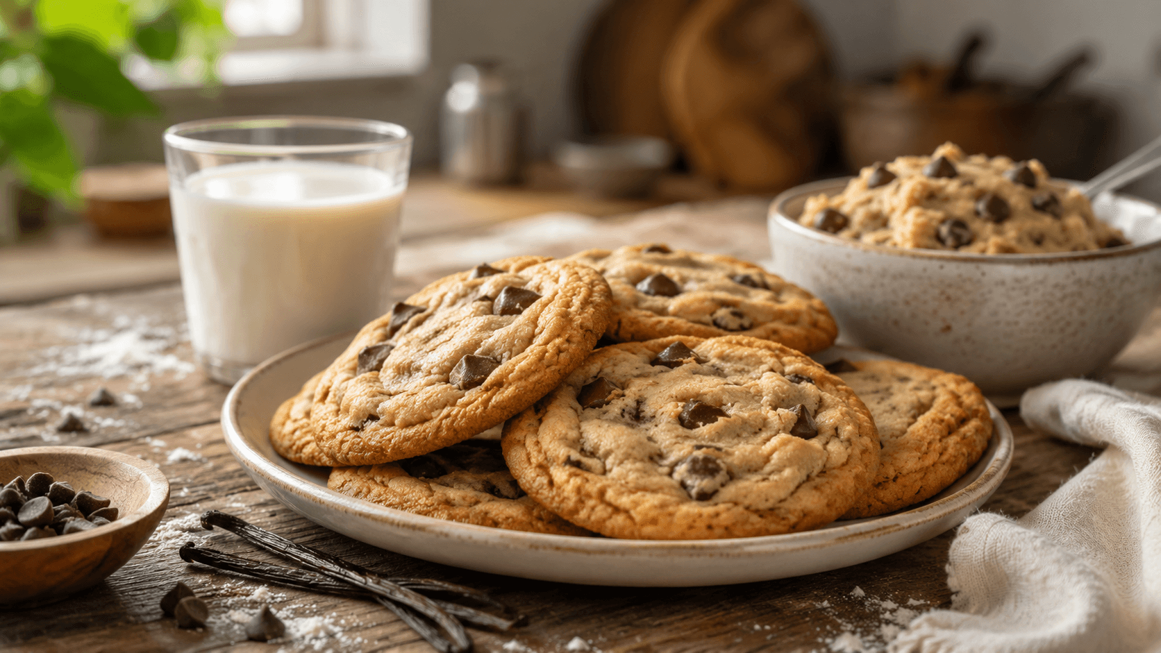 Freshly baked lactose free cookies on a rustic wooden table