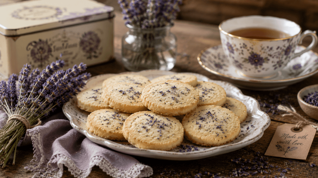 Homemade lavender shortbread cookies served with Earl Grey tea during an afternoon tea setting