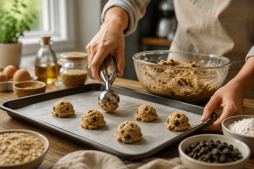 Scooping lactose free cookie dough onto a baking tray