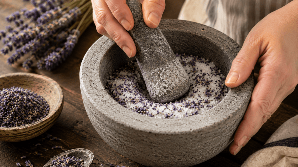 Making lavender sugar by crushing culinary lavender buds and sugar in a mortar and pestle