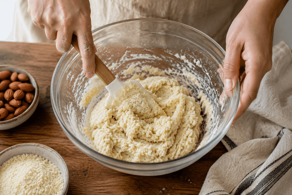 Mixing almond macaroon dough for homemade almond cookies