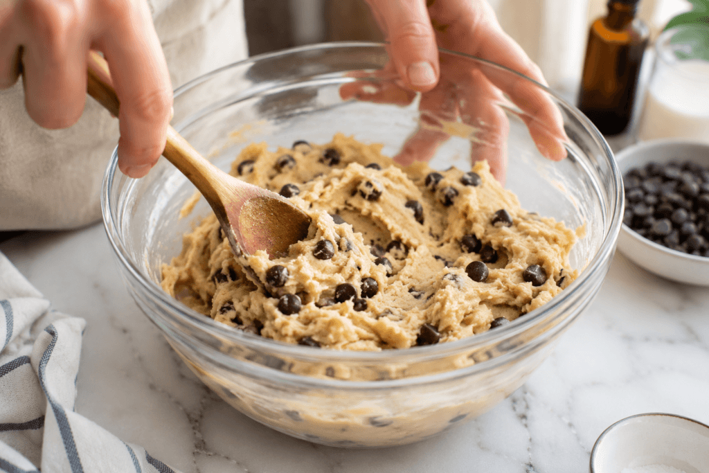 Hands mixing edible cookie dough ingredients in a glass mixing bowl