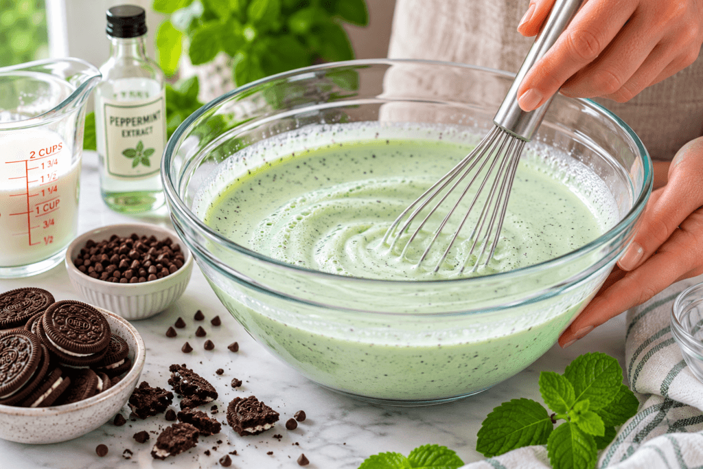 Mixing ingredients for homemade chocolate mint cookie recipe ice cream