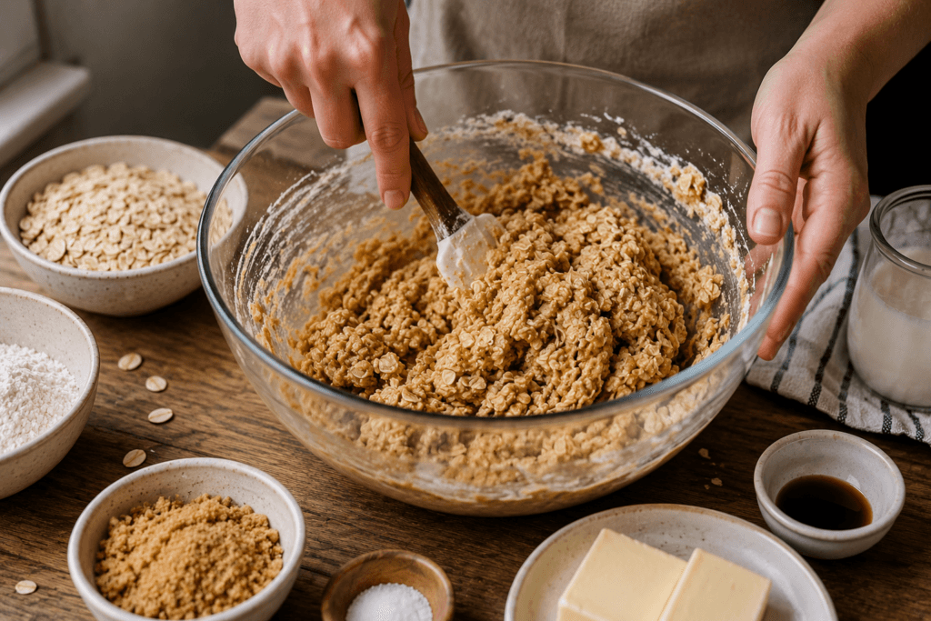 Mixing oatmeal cookie dough in a glass bowl