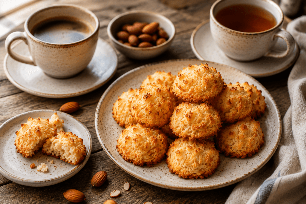 Homemade almond macaroons served with coffee and tea