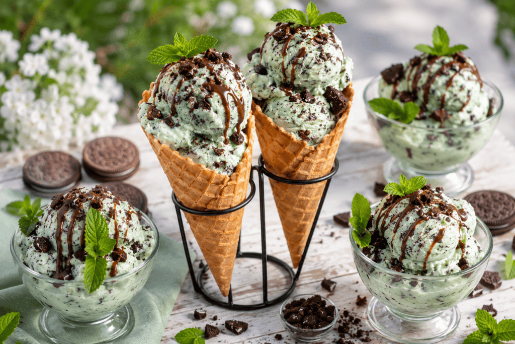 Serving homemade chocolate mint cookie recipe ice cream in cones and bowls