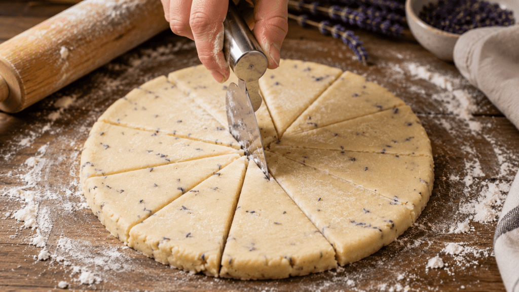 Shaping lavender shortbread wedges from rolled cookie dough before baking