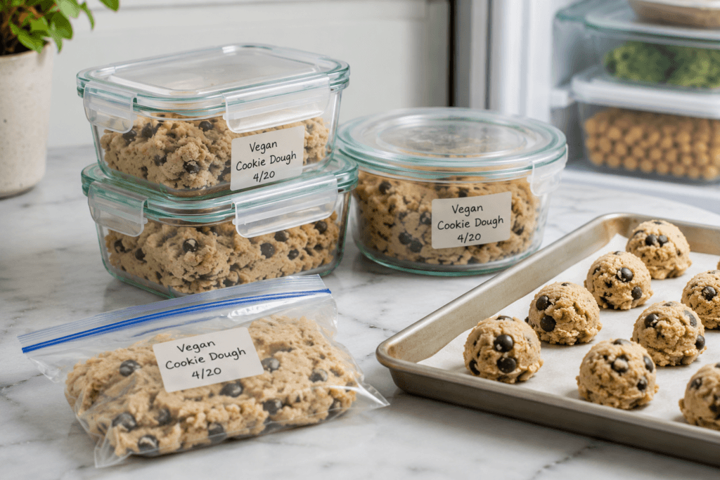 Cookie dough stored in glass containers with frozen dough balls for meal prep