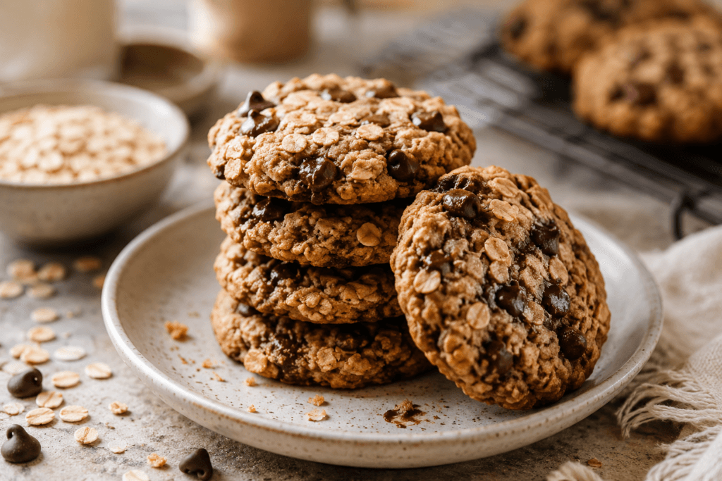 Stack of oatmeal chocolate chip cookies with melted chocolate