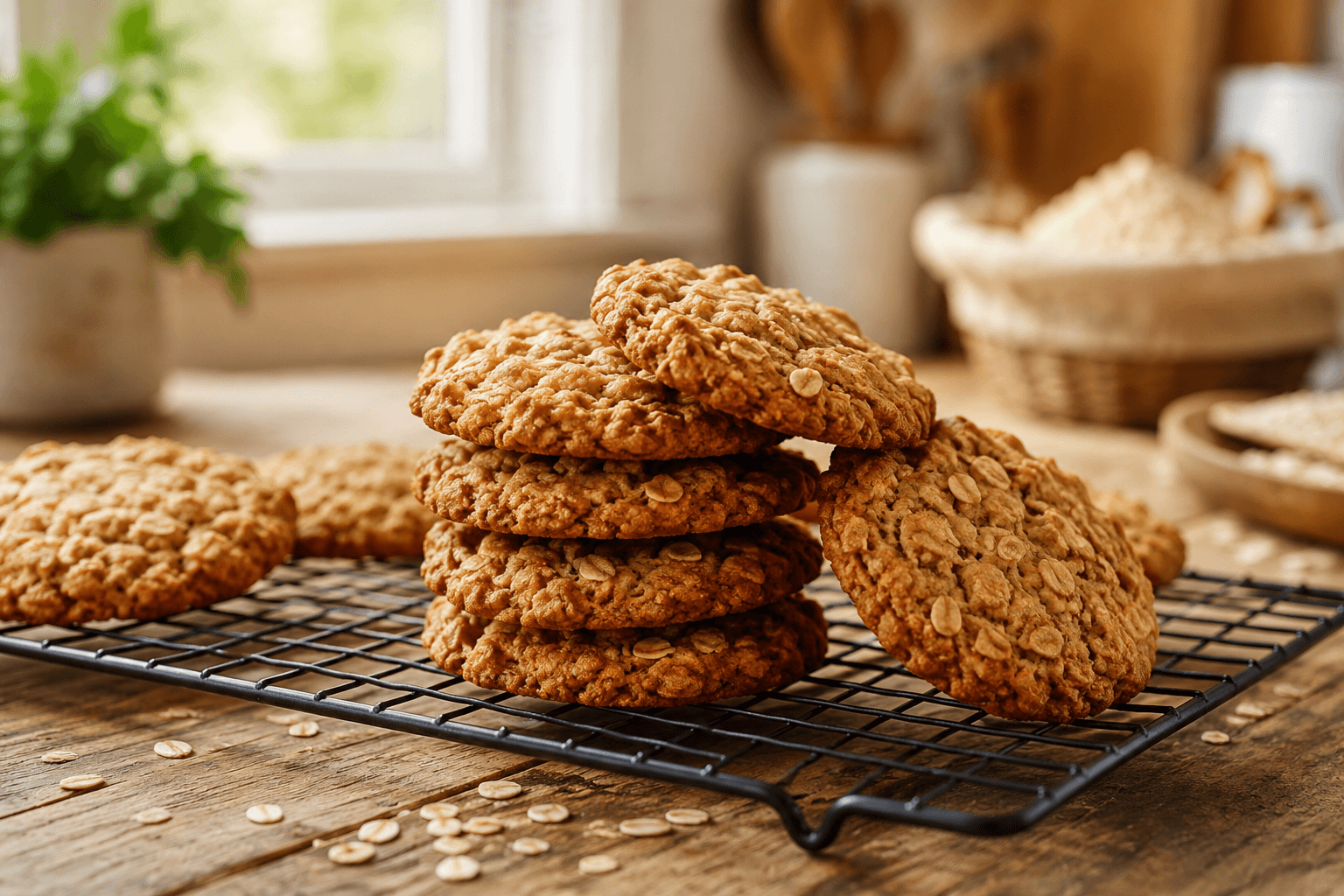 Soft and chewy vegan oatmeal cookies on a cooling rack