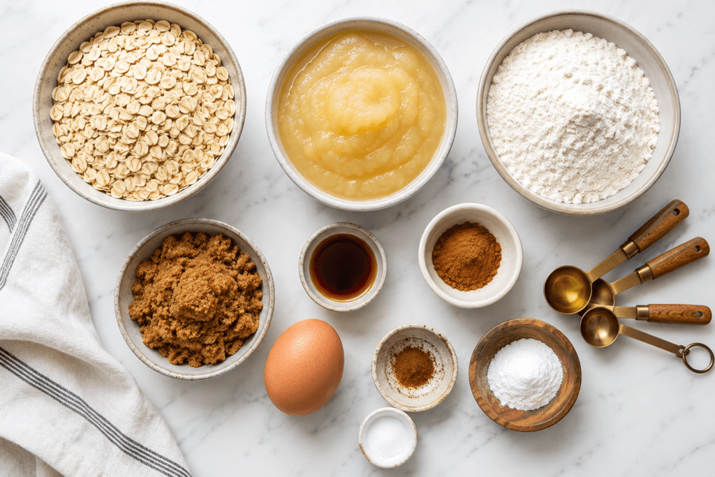 Ingredients for applesauce oatmeal cookies arranged on a kitchen counter