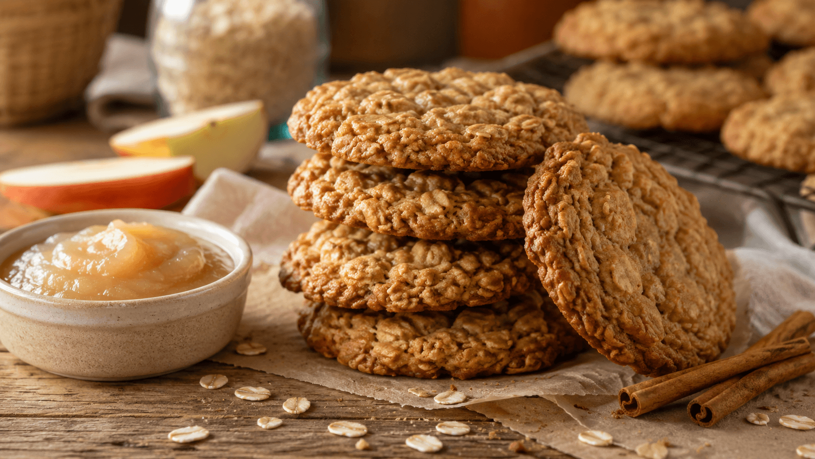 Soft and chewy applesauce oatmeal cookies on a wooden table