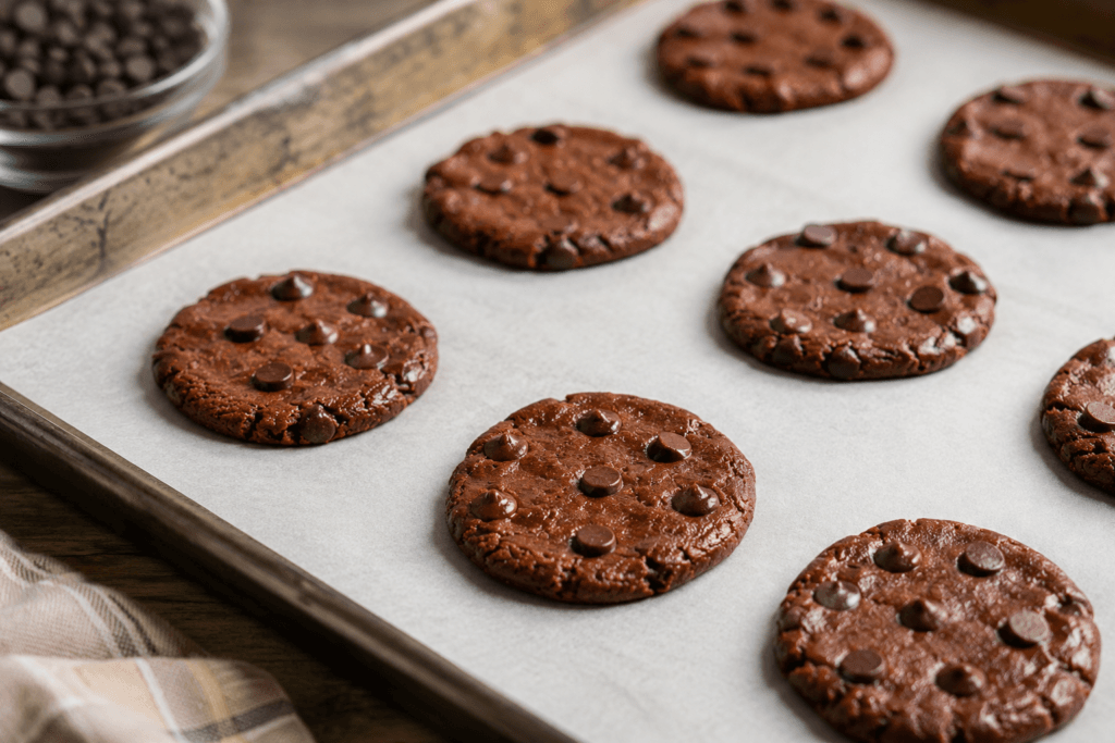 Alt Text:Cookie dough shaped for crispy chocolate cookies before baking