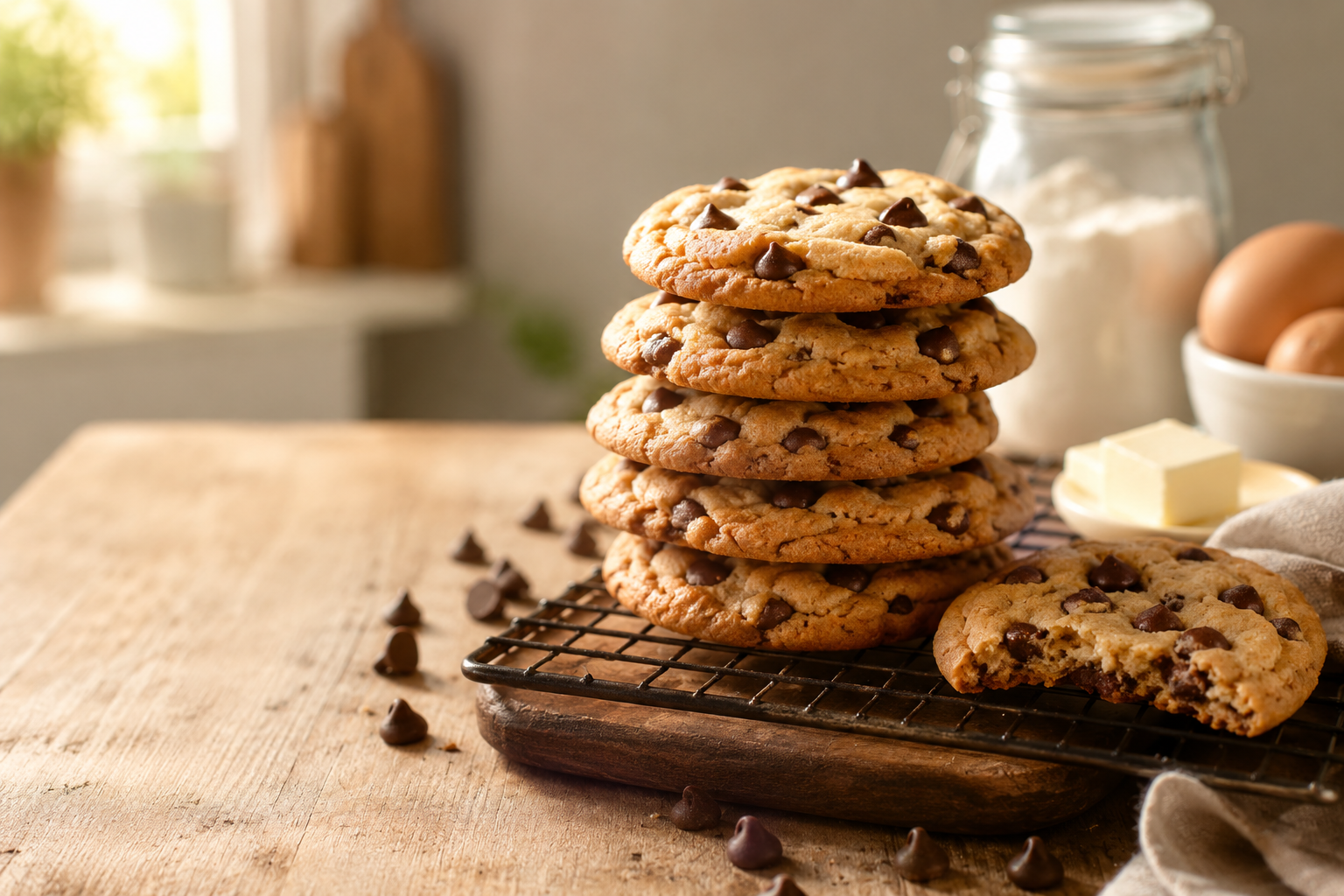 Cookies without milk stacked on a cooling rack with chocolate chips.