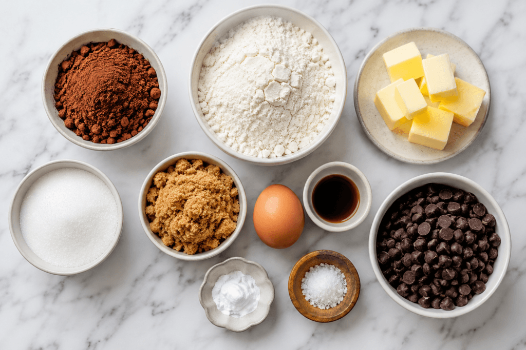 Ingredients for crispy chocolate cookies with cocoa powder and chocolate chips