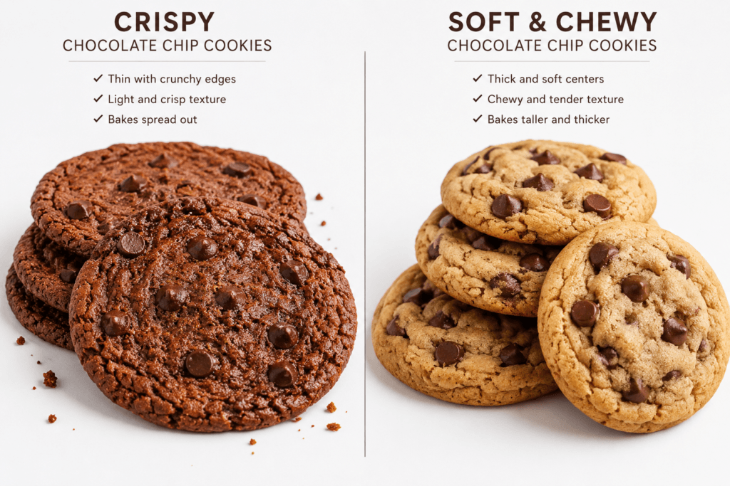 Crispy vs soft chocolate chip cookies texture comparison