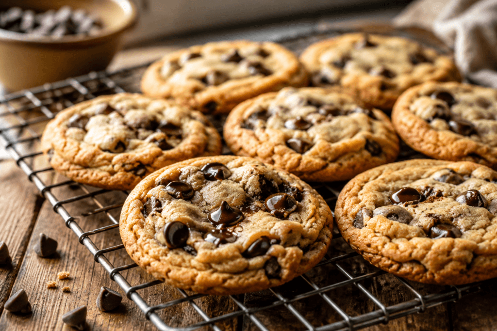 Dairy Free Chocolate Chip Cookies with golden edges and melted chocolate chips