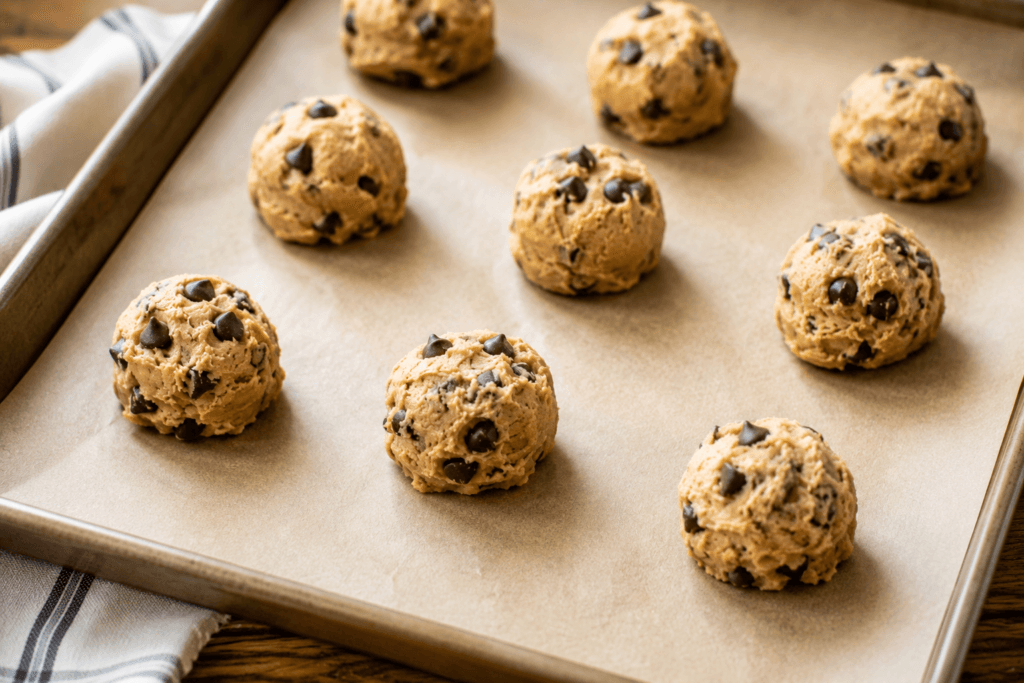 Unbaked Dairy Free Chocolate Chip Cookie dough balls on baking sheet