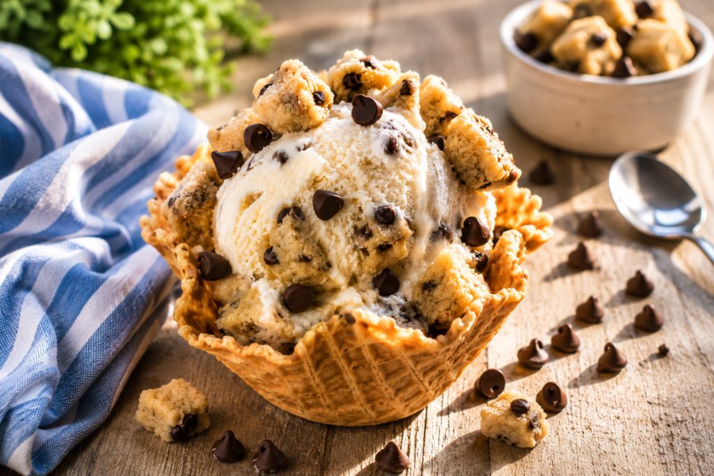 Dairy free cookie dough ice cream with cookie dough pieces.